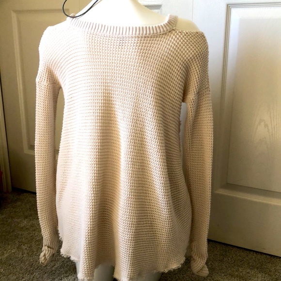 Free People Women’s XS Waffle Weave Knit V Neck Cream Sweater - Picture 3 of 7